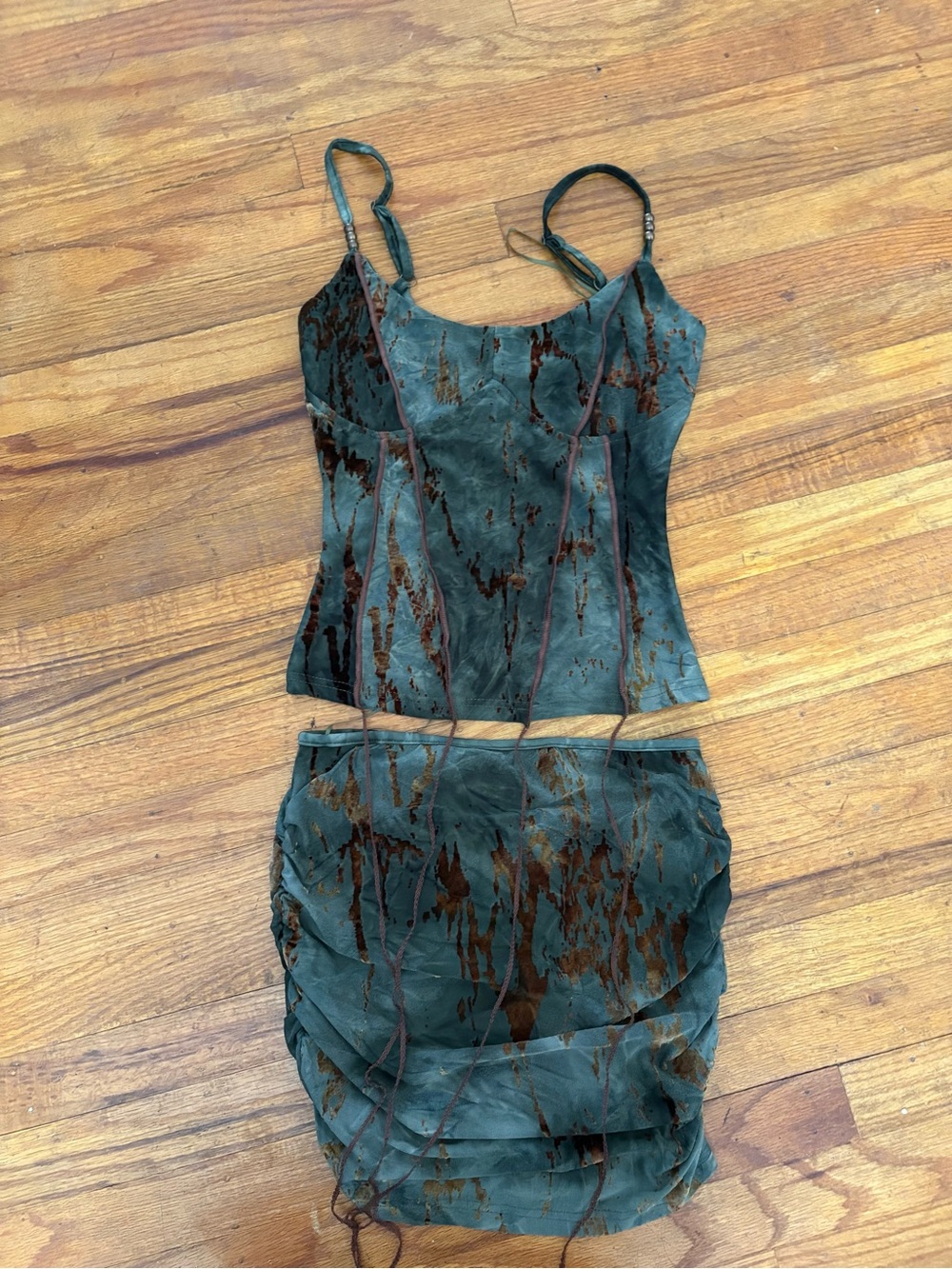 Fashion Nova Green and Rust Velvet Burnout Top